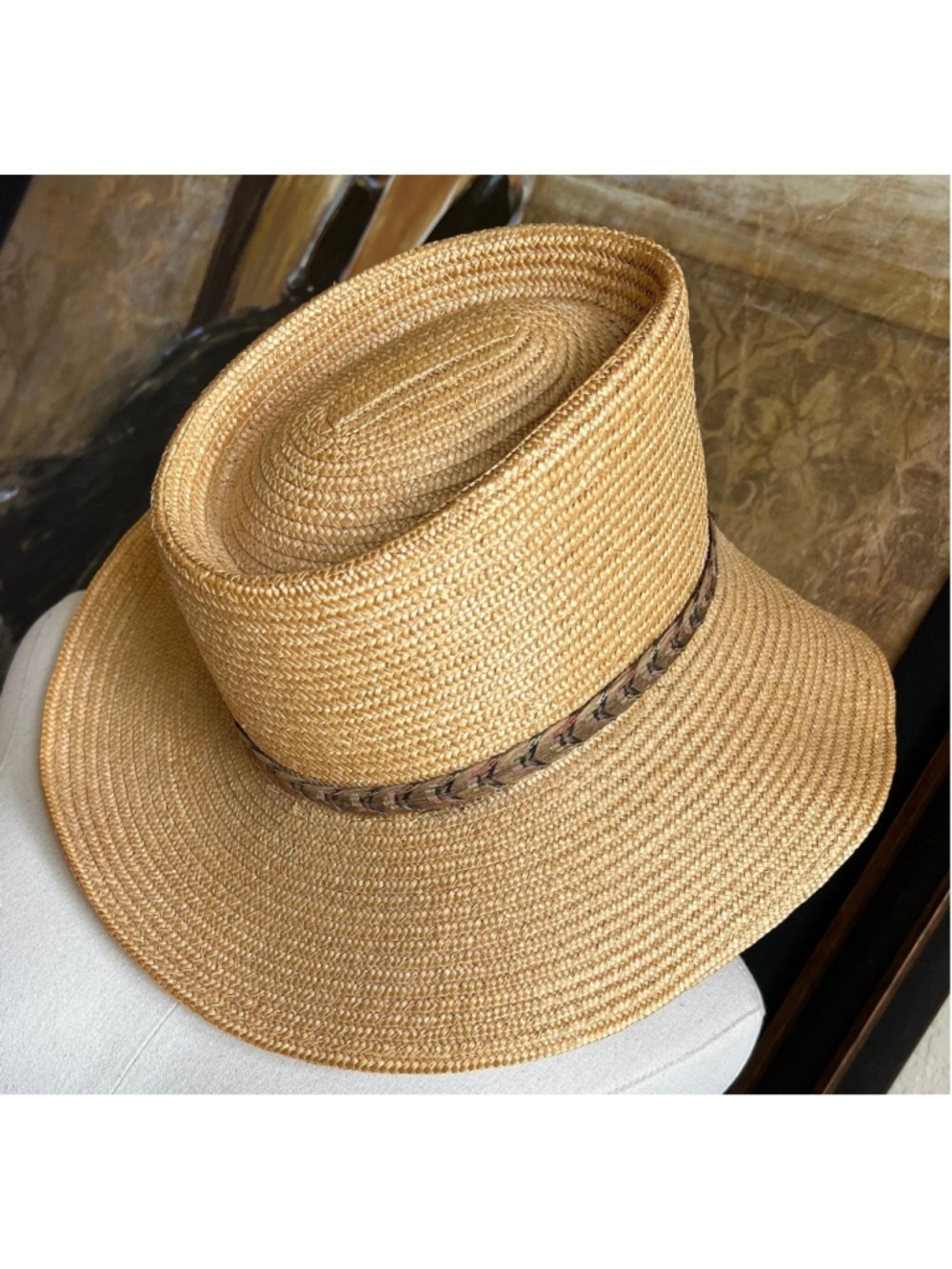 Bianchi Straw Hat Beige Brown Feathers 7 1/8